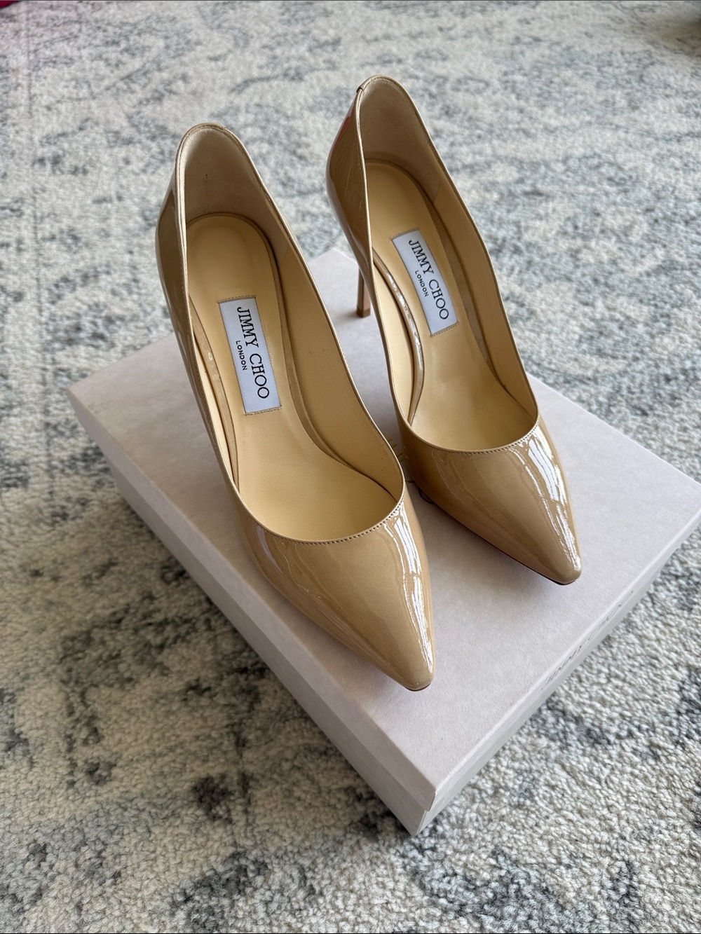 Jimmy Choo Romy 85 Nude Patent Leather Pointed Toe Pumps